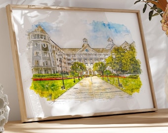 Pode incluir: Uma pintura em aquarela de um grande edifício branco com uma passarela que leva à entrada principal. O edifício tem um telhado verde e muitas janelas. A pintura é emoldurada em uma moldura de madeira clara e está pendurada em uma parede.