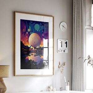 Retro Futurism Spaceship Earth Art Print, Epcot Wall Decor, Vibrant Disney Poster, Disney Print, Spaceship Earth, Disney Parks Decor, Disney