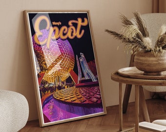 Póster nocturno de Epcot: Estampado retro de Disney con la nave espacial Tierra.