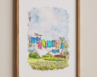 Pode incluir: Uma pintura em aquarela da entrada do Disney's Art of Animation Resort. A placa é feita de letras coloridas que soletram "Disney's Art of Animation Resort".