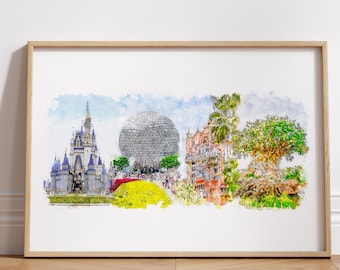 Disney World Watercolor Print - Four Parks Art A5 to A1