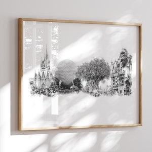 Puede incluir: Un boceto en blanco y negro de monumentos emblemáticos de Walt Disney World en Florida, incluyendo el Castillo de Cenicienta, Spaceship Earth, el Árbol de la Vida y el Anfiteatro Hollywood Hills.