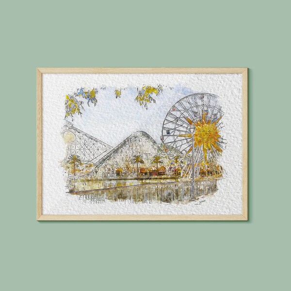 Disneyland Paradise Pier Watercolour Print, Disney Print, Disneyland Print, Disneyland California, Disneyland Classic Watercolour Print