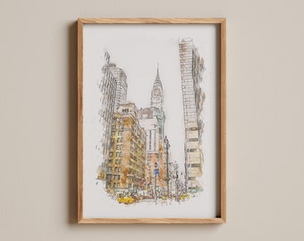 Edificio Chrysler, Impresión en acuarela de la ciudad de Nueva York, Impresión de la ciudad de Nueva York, Nueva York, EE. UU., La Gran Manzana, Nueva York, Impresión de la ciudad de Nueva York