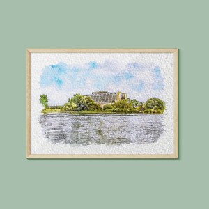 May include: A watercolor painting of a large building with a lake in the foreground. The building is surrounded by trees and the sky is blue with white clouds.