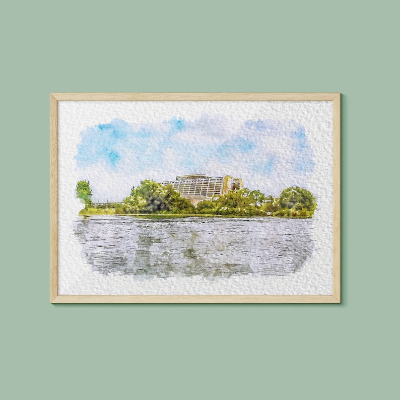 May include: A watercolor painting of a large building with a lake in the foreground. The building is surrounded by trees and the sky is blue with white clouds.