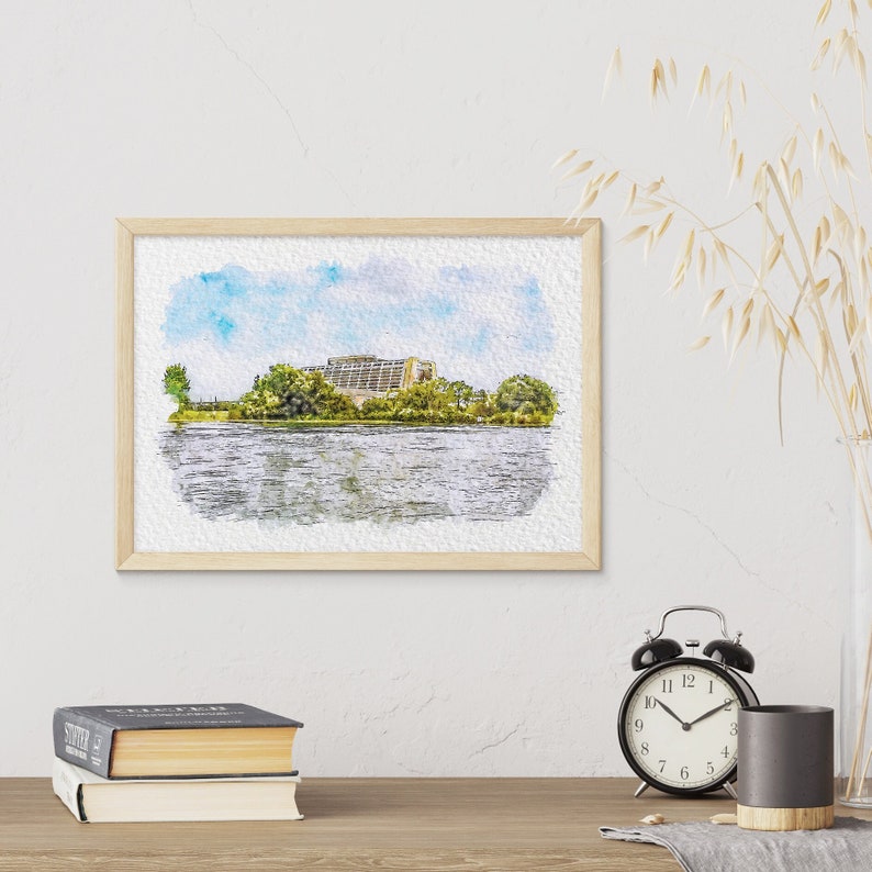 May include: A watercolor painting of a building with a lake in the foreground. The building is surrounded by trees and the sky is blue with white clouds.