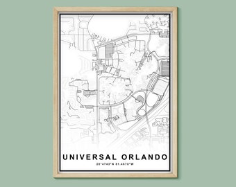 Universal Studios Orlando coordinates Black and White Map Print, Map Gift, Wall Art