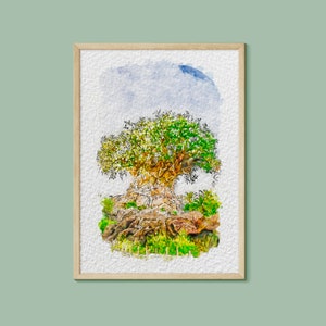 Puede incluir: Una pintura de acuarela de un &aacute;rbol grande con un tronco grueso y muchas ramas. El &aacute;rbol est&aacute; rodeado de follaje verde y un cielo azul con nubes blancas. La pintura est&aacute; enmarcada en un marco de madera claro.