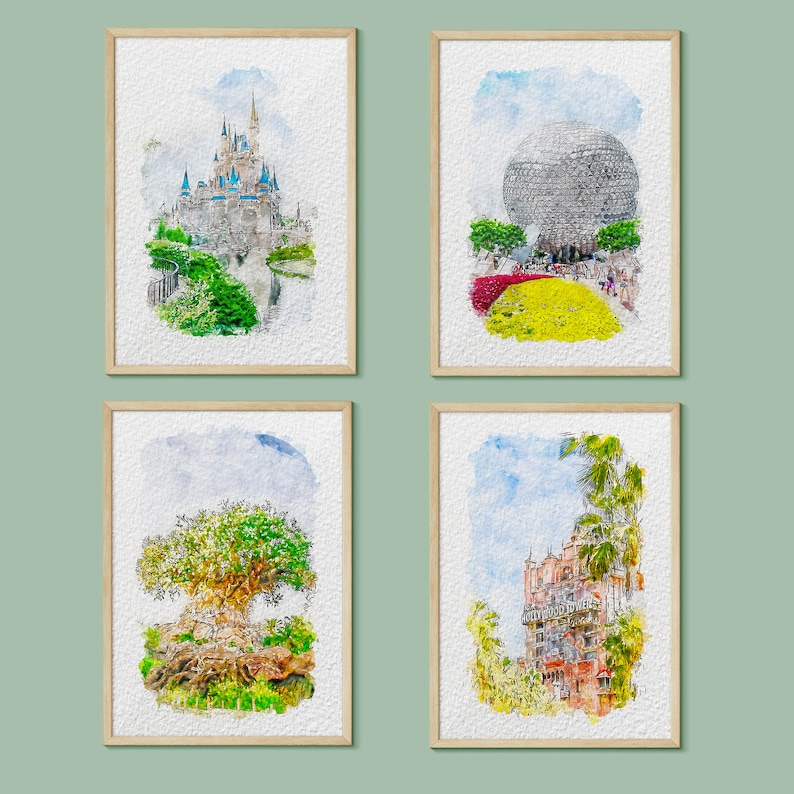 Puede incluir: Conjunto de cuatro acuarelas que representan monumentos emblem&aacute;ticos de Disney World. Las pinturas representan el Castillo de Cenicienta, Spaceship Earth, el &Aacute;rbol de la Vida y la Torre del Terror.