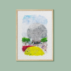 Puede incluir: Una pintura de acuarela de una gran c&uacute;pula geod&eacute;sica plateada con una multitud de personas caminando frente a ella. La c&uacute;pula est&aacute; rodeada de &aacute;rboles verdes y un lecho de flores amarillas.