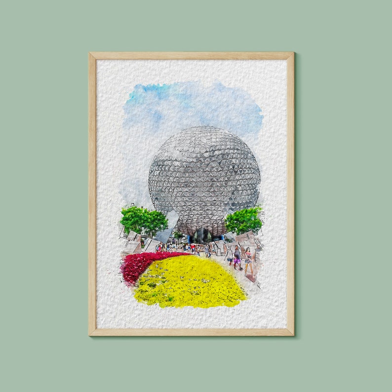 Puede incluir: Una pintura de acuarela de una gran c&uacute;pula geod&eacute;sica plateada con una multitud de personas caminando frente a ella. La c&uacute;pula est&aacute; rodeada de &aacute;rboles verdes y un lecho de flores amarillas.