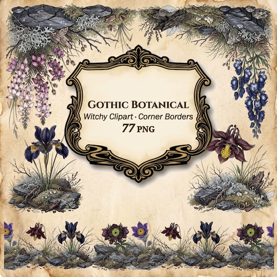 Witchy Clipart Bundle, Gothic Botanical PNG, Dark Academia Witch Corner Border, Floral Junk Journal Ephemera, Commercial Use