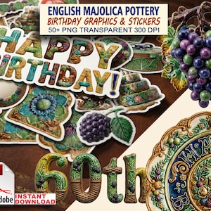 ENGLISH MAJOLICA POTTERY - BIRTHDAY GRAPHICS & STICKERS - 50+ PNG TRANSPARENT 300 DPI. INSTANT DOWNLOAD.
The photograph depicts "Birthday" stickers - balloons, cakes, gift boxes, the inscription "HAPPY BIRTHDAY!" all in the style of English majolica, in addition to this, several images are shown with a transparent background: a bunch of grapes, blackberries, 60th, and a highly artistic ceramic plate decorated with many details in the majolica style.