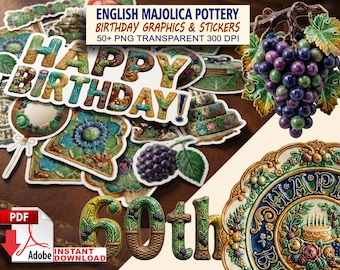 Lot de cliparts anniversaire majolique : autocollants imprimables PNG joyeux anniversaire. Motifs de poterie à usage commercial