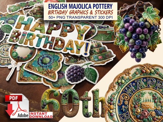 Majolica Birthday Clipart Bundle: Happy Birthday PNG Printable Stickers. Commercial Use Pottery Patterns