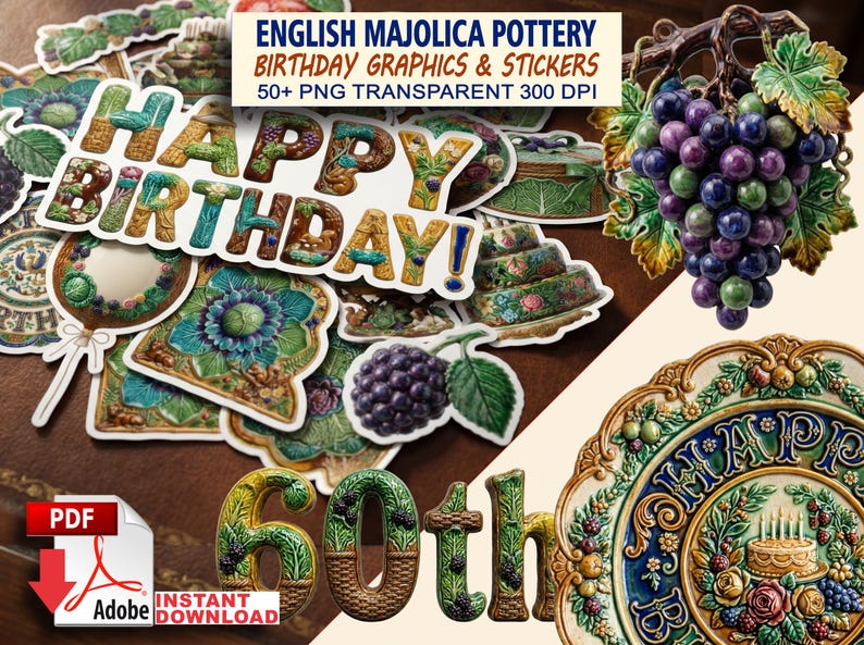 ENGLISH MAJOLICA POTTERY - BIRTHDAY GRAPHICS & STICKERS - 50+ PNG TRANSPARENT 300 DPI. INSTANT DOWNLOAD.
The photograph depicts "Birthday" stickers - balloons, cakes, gift boxes, the inscription "HAPPY BIRTHDAY!" all in the style of English majolica, in addition to this, several images are shown with a transparent background: a bunch of grapes, blackberries, 60th, and a highly artistic ceramic plate decorated with many details in the majolica style.