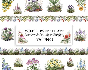 Wildflower Clipart PNG Floral Corner, Botanical Border, Seamless Pattern, Cottagecore Scrapbook Bundle Junk Journal Clip Art, Commercial Use
