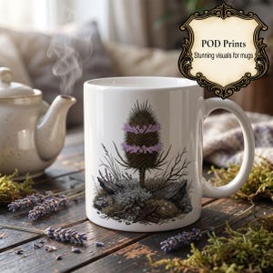 May include: A white ceramic mug featuring a detailed illustration of a spiky teasel plant with purple flowers, surrounded by rocks and moss. The mug has a handle on the right side and a decorative label in the top right corner with the text POD Prints.