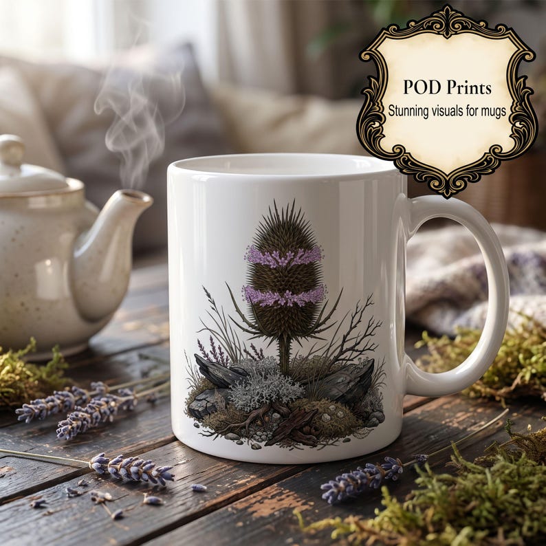 May include: A white ceramic mug featuring a detailed illustration of a spiky teasel plant with purple flowers, surrounded by rocks and moss. The mug has a handle on the right side and a decorative label in the top right corner with the text POD Prints.