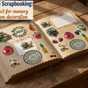 Peut inclure: Un album de scrapbooking ouvert avec des pages en papier kraft aux bords festonn&eacute;s, d&eacute;cor&eacute; d'autocollants repr&eacute;sentant un g&acirc;teau d'anniversaire, des fruits, des escargots, des oiseaux et des &eacute;tiquettes Happy 50th Birthday et Happy Birthday.