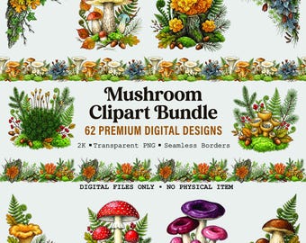 Mushroom Clipart Bundle, Woodland Botanical Watercolor PNG Designs, Seamless Pattern Border for Junk Journal Paper, Digital Sticker Pack
