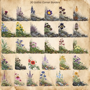May include: A collection of 30 Gothic Corner Borders featuring detailed botanical illustrations of various wildflowers, grasses, and mossy rocks arranged in corner shapes on a textured, aged parchment-style background with the text 30 Gothic Corner Borders.