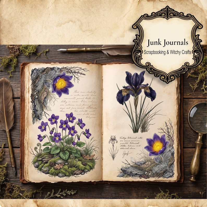 May include: An open book with aged paper pages featuring detailed botanical illustrations of purple flowers, green moss, and handwritten script. A decorative frame in the top right corner contains the text Junk Journals Scrapbooking & Witchy Crafts.