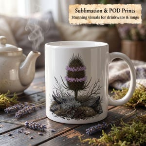 May include: A white ceramic mug featuring a detailed illustration of a spiky teasel plant with purple flowers, surrounded by rocks and moss. The text at the top reads Sublimation & POD Prints, Stunning visuals for drinkware & mugs.