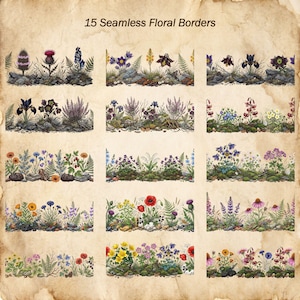 May include: A collection of 15 seamless floral borders featuring detailed botanical illustrations of various wildflowers, ferns, and mossy rocks arranged in horizontal strips against a textured, aged parchment-style background with the text 15 Seamless Floral Borders.