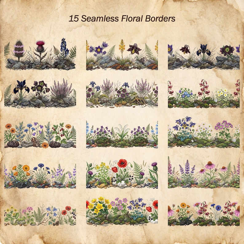 May include: A collection of 15 seamless floral borders featuring detailed botanical illustrations of various wildflowers, ferns, and mossy rocks arranged in horizontal strips against a textured, aged parchment-style background with the text 15 Seamless Floral Borders.