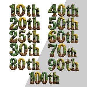 Peut inclure: Une collection de chiffres d&eacute;coratifs repr&eacute;sentant des anniversaires du 10e au 100e. Chaque chiffre pr&eacute;sente une base tress&eacute;e brune textur&eacute;e avec des feuilles vertes et de petites baies sombres int&eacute;gr&eacute;es, cr&eacute;ant un aspect botanique.