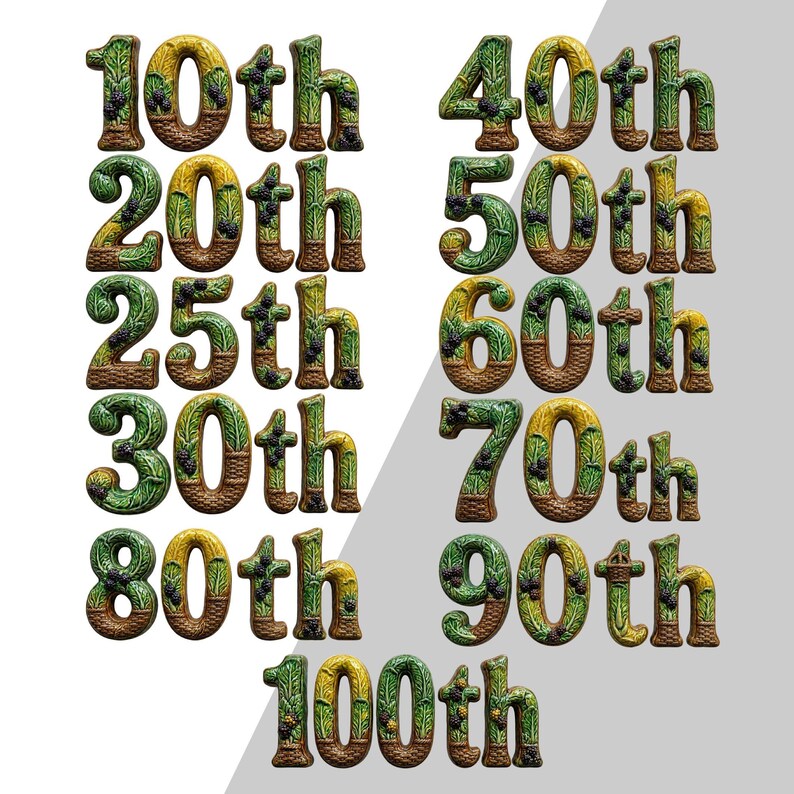 Peut inclure: Une collection de chiffres d&eacute;coratifs repr&eacute;sentant des anniversaires du 10e au 100e. Chaque chiffre pr&eacute;sente une base tress&eacute;e brune textur&eacute;e avec des feuilles vertes et de petites baies sombres int&eacute;gr&eacute;es, cr&eacute;ant un aspect botanique.