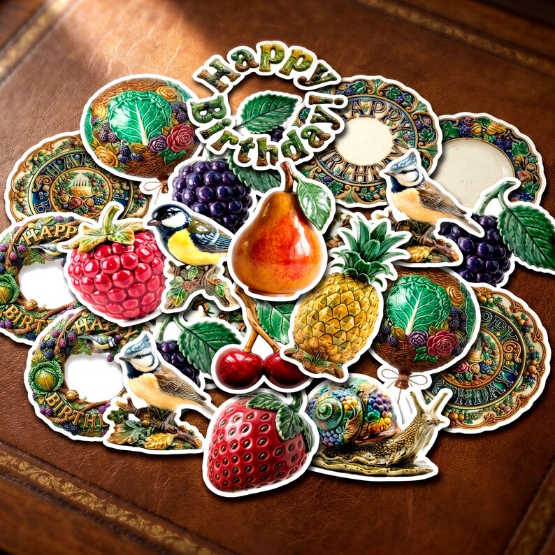 Peut inclure: Une collection d'autocollants d&eacute;coup&eacute;s pr&eacute;sentant diverses illustrations, notamment une poire, un ananas, une fraise, une framboise, des cerises, du raisin, un escargot, des m&eacute;sanges bleues et des assiettes circulaires avec le texte Happy Birthday.