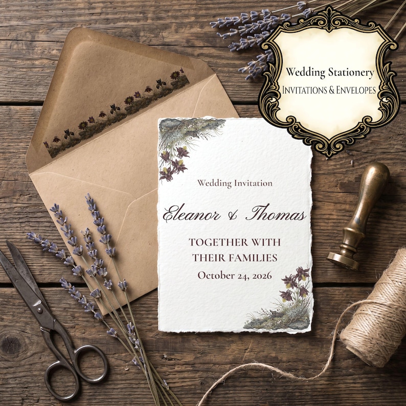 May include: A white wedding invitation with deckled edges featuring floral illustrations, the text "Wedding Invitation", "Eleanor & Thomas", "TOGETHER WITH THEIR FAMILIES", and "October 24, 2026". Includes a brown envelope, lavender sprigs, scissors, and a wax seal stamp.