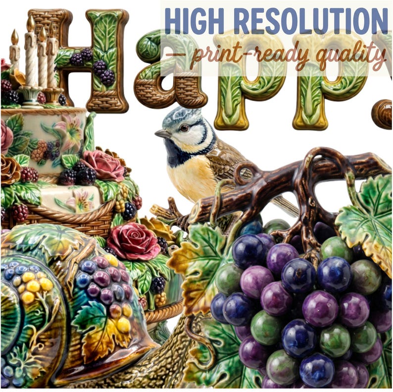 Peut inclure: Une collection en c&eacute;ramique comprenant un g&acirc;teau avec des bougies, une m&eacute;sange bleue et une coquille d'escargot, orn&eacute;s de m&ucirc;res, de raisins et de roses sculpt&eacute;s. Le texte HIGH RESOLUTION print-ready quality est visible en haut.