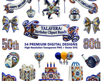 Lot de cliparts joyeux anniversaire : Talavera Clipart PNG + SVG. Gâteau mexicain, ballons, signalisation. Téléchargement numérique à usage commercial