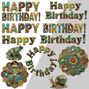 Peut inclure: Une collection d'objets d&eacute;coratifs en c&eacute;ramique affichant le texte Happy Birthday dans diverses polices et styles, accompagn&eacute;s de sculptures d&eacute;taill&eacute;es d'une grenouille verte, d'un escargot &agrave; coquille &agrave; motifs et de deux assiettes circulaires.