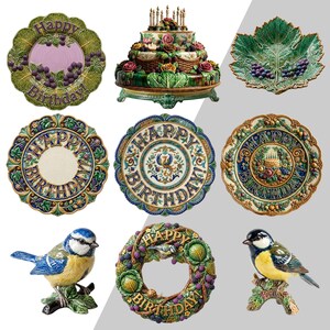 Peut inclure: Une collection d'objets d&eacute;coratifs en c&eacute;ramique comprenant trois assiettes Happy Birthday, un pr&eacute;sentoir &agrave; g&acirc;teaux &agrave; trois &eacute;tages, un plat en forme de feuille avec des raisins, une couronne Happy Birthday et deux figurines d'oiseaux.