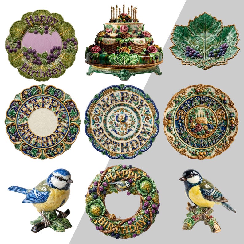 Peut inclure: Une collection d'objets d&eacute;coratifs en c&eacute;ramique comprenant trois assiettes Happy Birthday, un pr&eacute;sentoir &agrave; g&acirc;teaux &agrave; trois &eacute;tages, un plat en forme de feuille avec des raisins, une couronne Happy Birthday et deux figurines d'oiseaux.