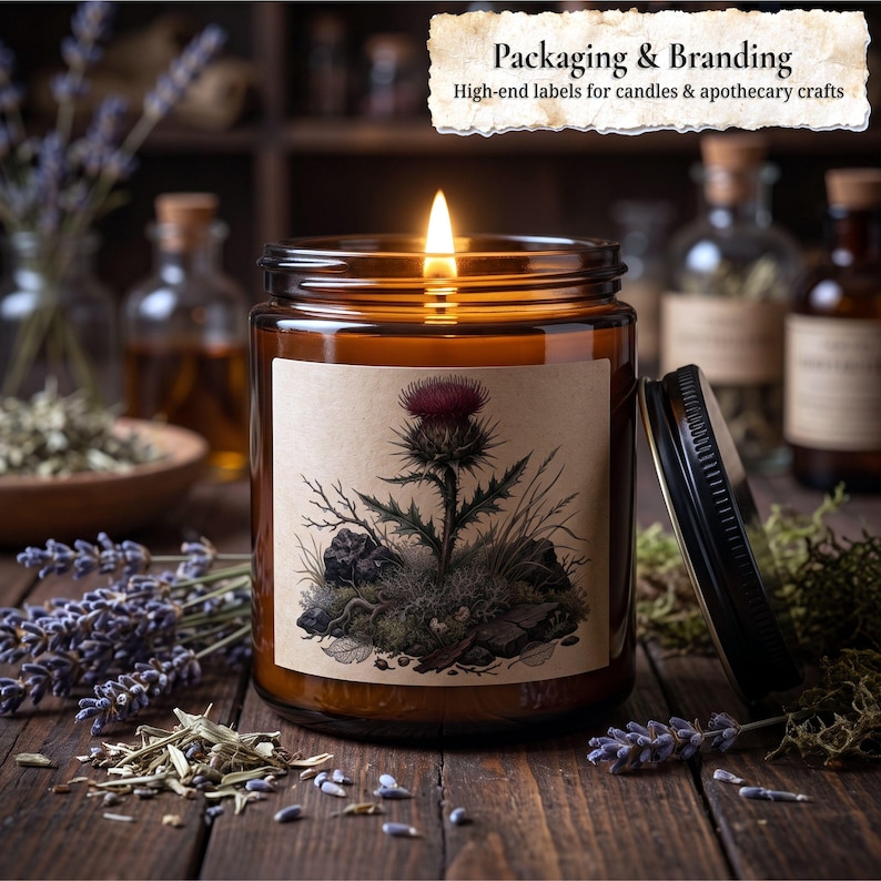 May include: A lit candle in an amber glass jar with a black lid. The label features a botanical illustration of a purple thistle plant on a tan background. The text at the top reads Packaging & Branding High-end labels for candles & apothecary crafts.