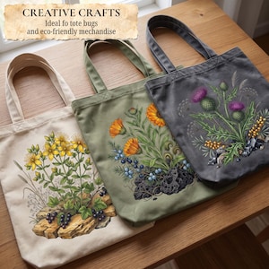 May include: Three canvas tote bags featuring botanical illustrations. The cream bag shows yellow flowers and dark berries on wood. The olive bag displays orange flowers and blue berries on rocks. The charcoal bag depicts purple thistles.