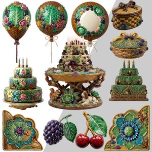 Peut inclure: Une collection d'objets d&eacute;coratifs en c&eacute;ramique aux motifs botaniques et forestiers complexes. L'ensemble comprend des g&acirc;teaux &agrave; trois &eacute;tages, des ornements en forme de ballon, des paniers &agrave; couvercle et des plaques d'angle orn&eacute;s de m&ucirc;res, de roses et de feuilles sculpt&eacute;es. Un pr&eacute;sentoir central montre un &eacute;cureuil et un chien parmi le feuillage, avec des gla&ccedil;ures vertes, rouges et violettes.