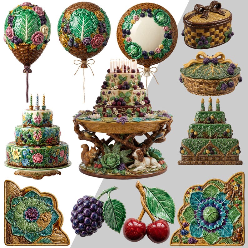 Peut inclure: Une collection d'objets d&eacute;coratifs en c&eacute;ramique aux motifs botaniques et forestiers complexes. L'ensemble comprend des g&acirc;teaux &agrave; trois &eacute;tages, des ornements en forme de ballon, des paniers &agrave; couvercle et des plaques d'angle orn&eacute;s de m&ucirc;res, de roses et de feuilles sculpt&eacute;es. Un pr&eacute;sentoir central montre un &eacute;cureuil et un chien parmi le feuillage, avec des gla&ccedil;ures vertes, rouges et violettes.