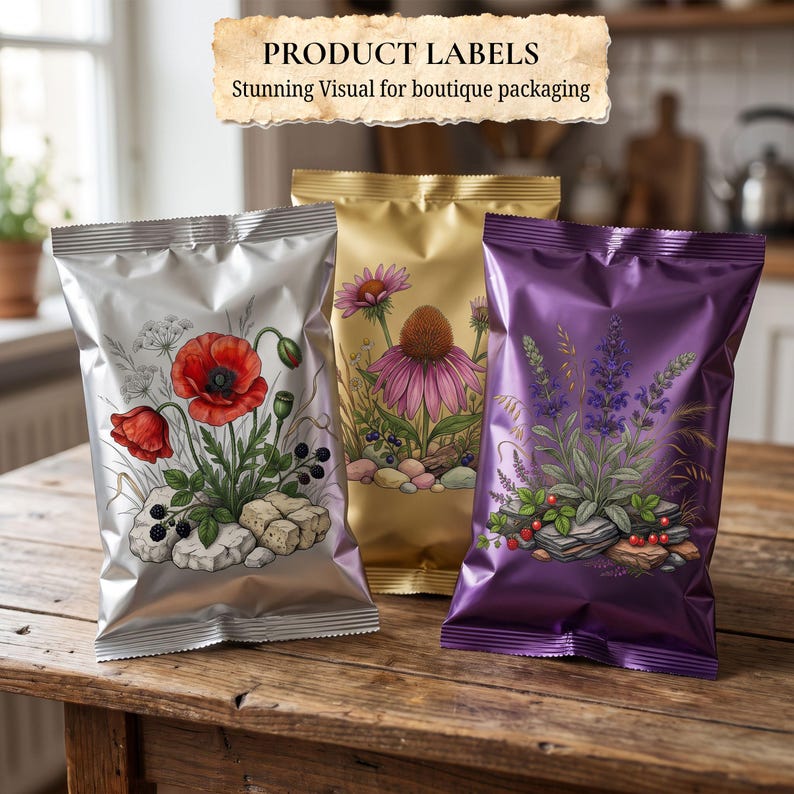 May include: Three metallic snack bags in silver, gold, and purple, each featuring a botanical illustration of flowers and berries resting on stones. The silver bag displays red poppies, the gold bag shows pink coneflowers, and the purple bag depicts lavender.