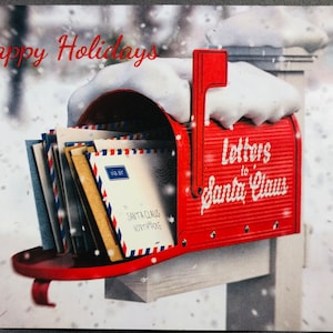 May include: A red mailbox with white snow on top, filled with letters addressed to Santa Claus. The mailbox has the words "Letters to Santa Claus" written on it. The background is a snowy scene with the words "Happy Holidays" at the top.
