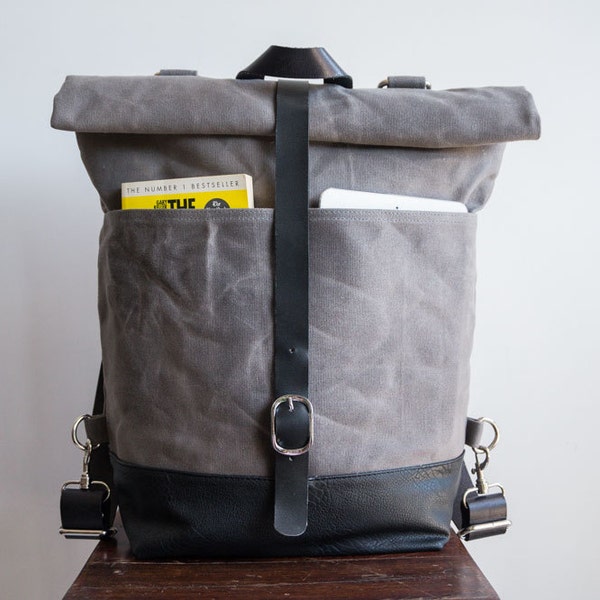 Waxed canvas backpack, Canvas backpack, Diaper backpack, Rolltop backpack, Wax canvas bag, Vegan leather bottom, Laptop backpack, Grey