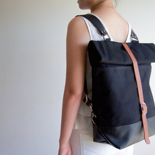 Wax canvas backpack, Canvas backpack, Diaper backpack, Rolltop backpack, Wax canvas bag, Vegan leather bottom, Laptop backpack, Black