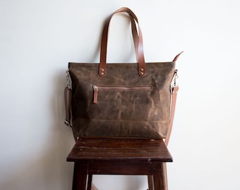 Waxed canvas bag, Waxed canvas zipper bag, Waxed canvas diaper bag, Laptop bag tote, Waxed canvas satchel, Canvas shoulder bag, Cocoa brown