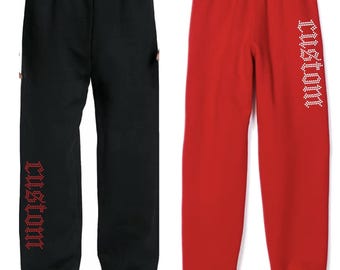 Custom Rhinestone Sweatpants, Old English Font, College Apparel